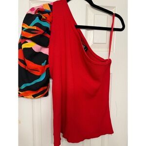 7th Avenue Red One Shoulder Top XXL Puff Sleeve Ribbed Knit Asymmetrical